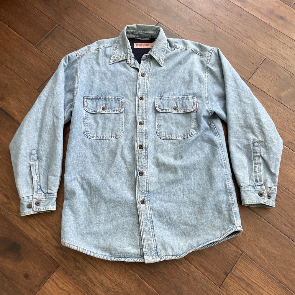 vtg Wolverine Medium FADED DISTRESSED denim blue jean jacket‎ shirt FLEECE LINED